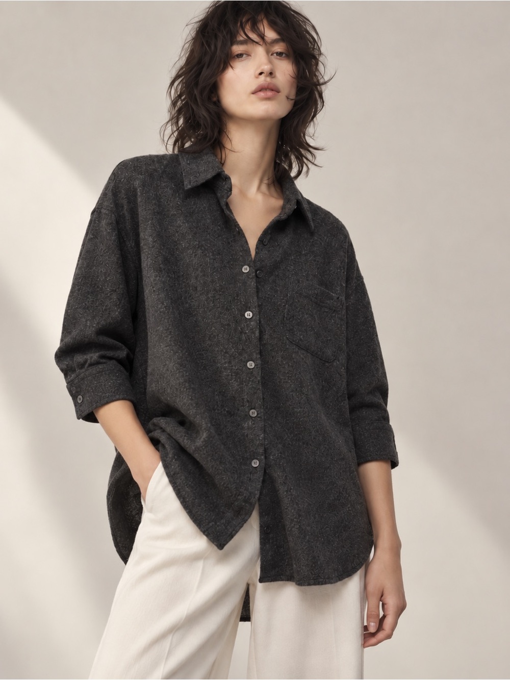 Elizabeth and James Charcoal Wool Blend Oversized Button Down Shirt S